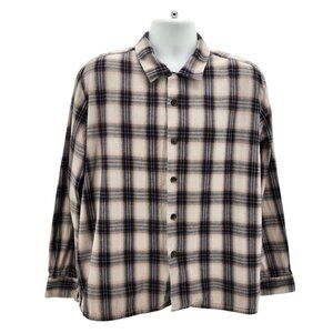Jiberish Mens XL Shirt Flannel Plaid Tan Blue Button Down Shirt Long Sleeve